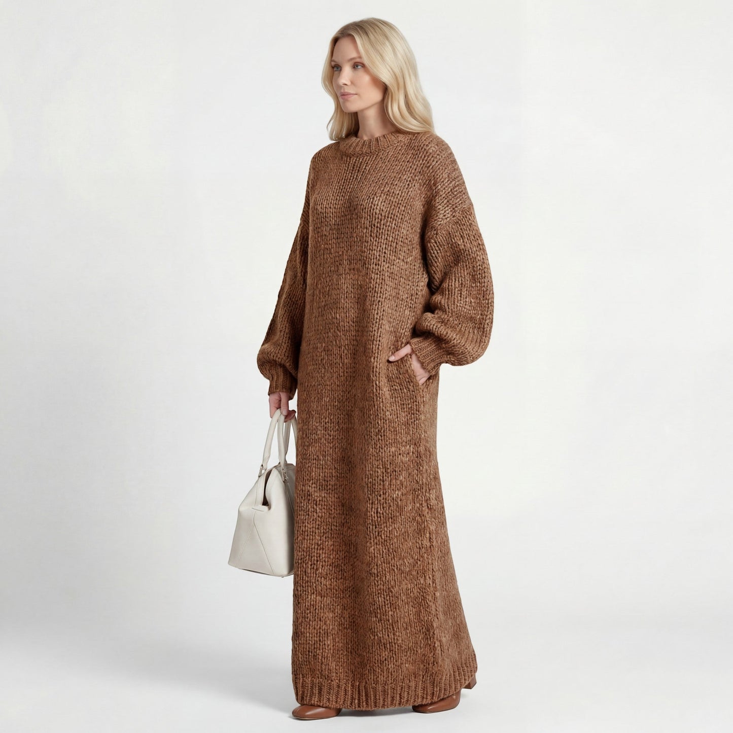 Robe Pull Femme Col Rond – Coupe Ample Manches Lanternes | Maille Mélange de Laine