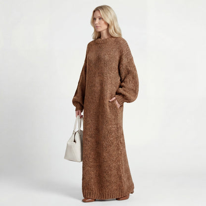 Robe Pull Femme Col Rond – Coupe Ample Manches Lanternes | Maille Mélange de Laine