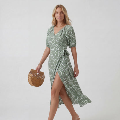 Robe Midi Femme Col V Coupe A – Jupe Fluide Fente Latérale | Drapé Léger Aérien