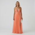 Robe Maxi Col V Femme – Taille Ajustée Jupe Fluide | Drapé Aérien Pêche