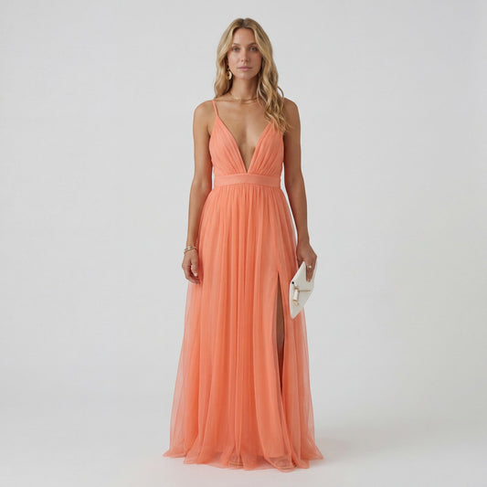 Abito maxi da donna con scollo a V – Vita aderente e gonna fluida | Drappeggio leggero color pesca