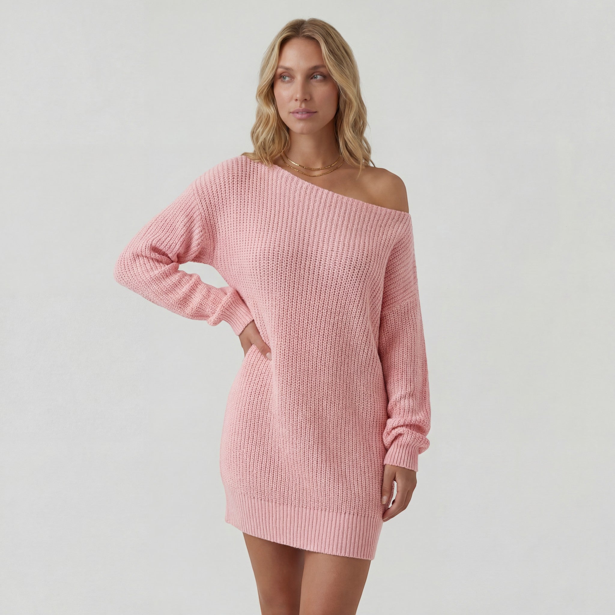 Robe Pull Femme en maille, épaules dénudées, coupe décontractée – Menvelo