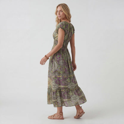 Robe Maxi Bohème Col V Femme – Coupe Décontractée Jupe Fluide | Tissu Tissé Léger