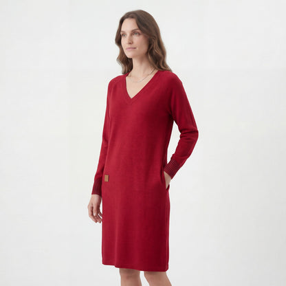 Robe Midi Femme Col V Manches Longues – Coupe Droite Décontractée | Maille Douce
