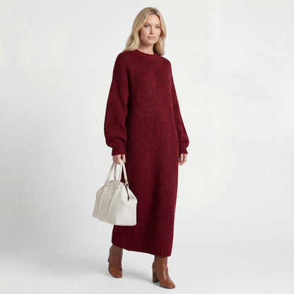 Robe Pull Femme Col Rond – Coupe Ample Manches Lanternes | Maille Mélange de Laine