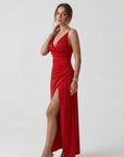 Robe Slip Femme Col V Fendue – Coupe Slim à Bretelles | Drapé Soyeux