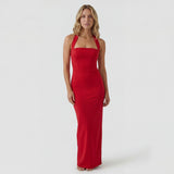 Robe Maxi Femme Col Halter en Maille Extensible – Coupe Bodycon Élégante