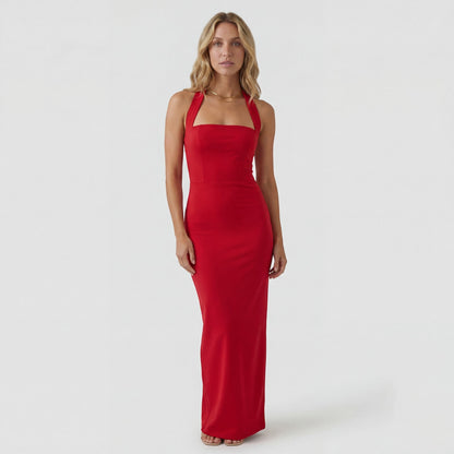 Robe Maxi Femme Col Halter en Maille Extensible – Coupe Bodycon Élégante