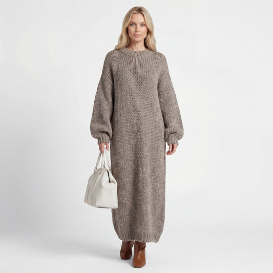 Robe Pull Femme Col Rond – Coupe Ample Manches Lanternes | Maille Mélange de Laine