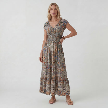 Robe Maxi Bohème Col V Femme – Coupe Décontractée Jupe Fluide | Tissu Tissé Léger