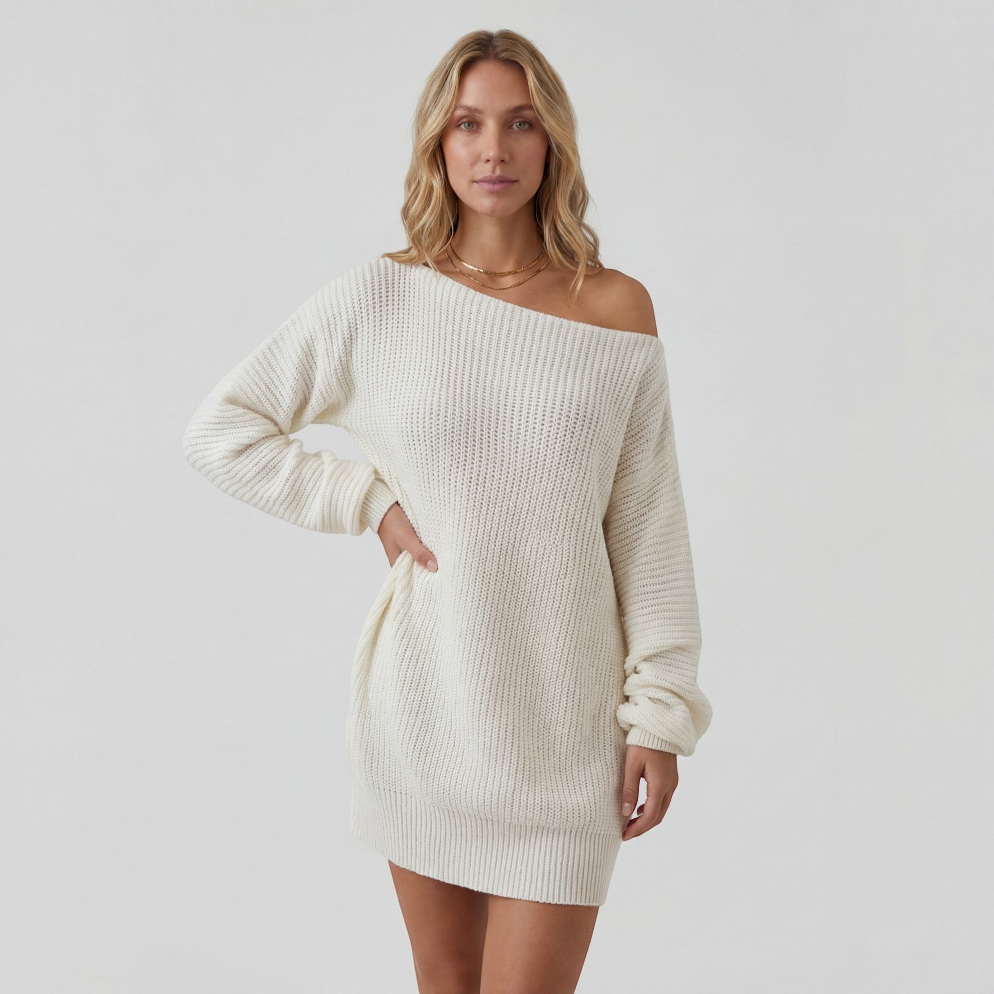 Robe Pull Femme en maille, épaules dénudées, coupe décontractée – Menvelo