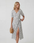 Robe Midi Femme Col V Coupe A – Jupe Fluide Fente Latérale | Drapé Léger Aérien