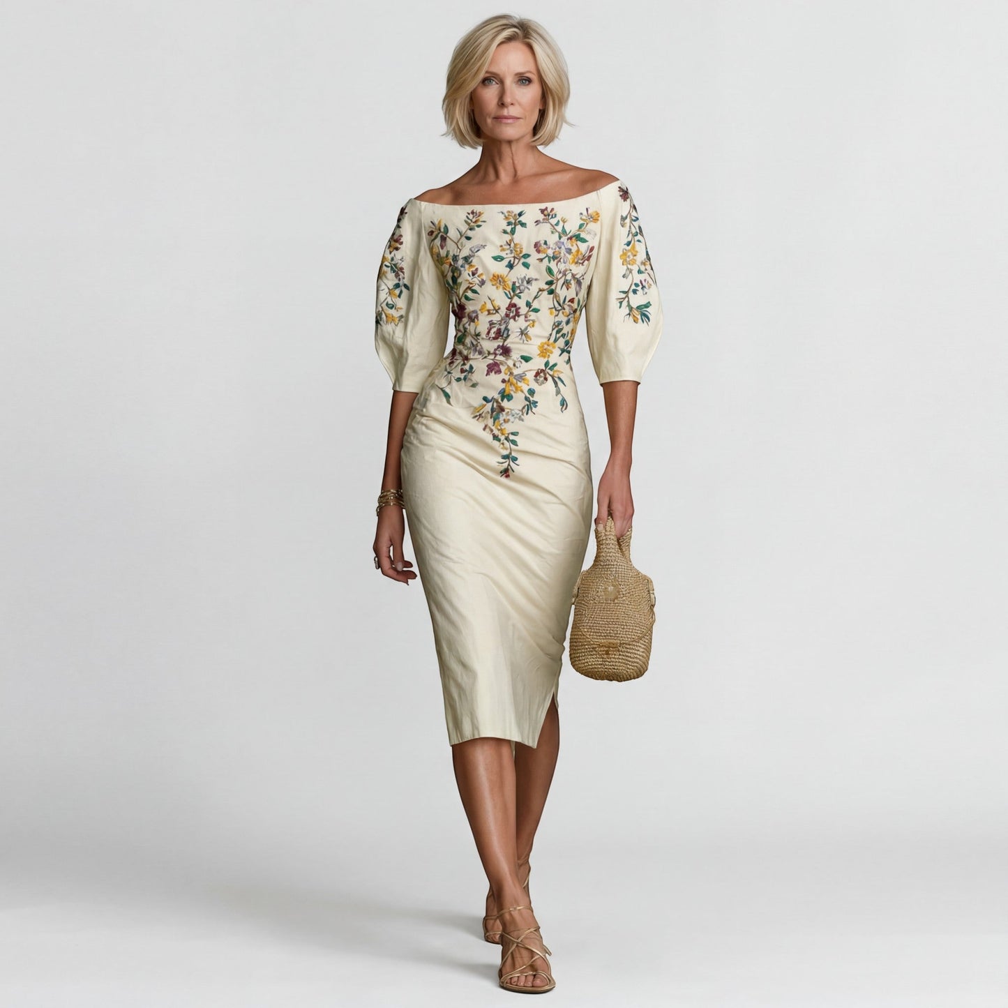 Robe Midi Épaules Dénudées Femme – Coupe Ajustée Tailleur | Mélange de Coton