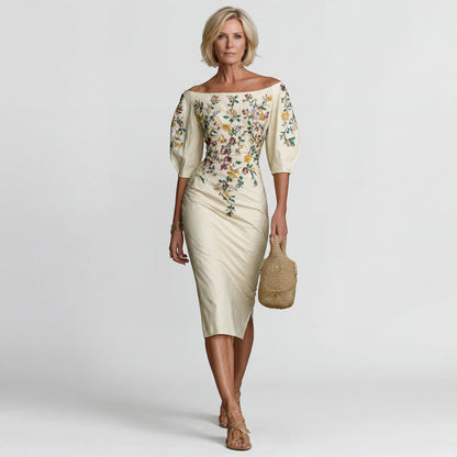 Robe Midi Épaules Dénudées Femme – Coupe Ajustée Tailleur | Mélange de Coton