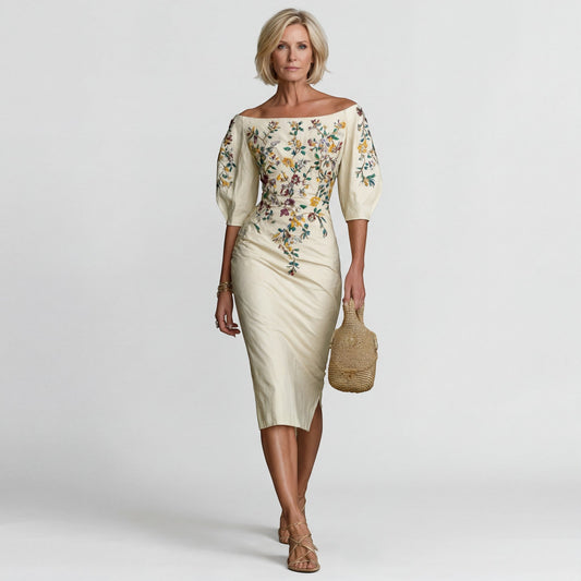 Abito midi da donna con spalle scoperte - taglio sartoriale aderente | misto cotone