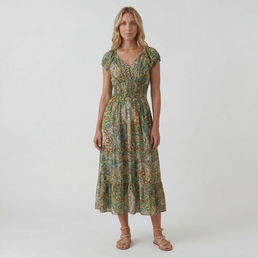 Robe Maxi Bohème Col V Femme – Coupe Décontractée Jupe Fluide | Tissu Tissé Léger