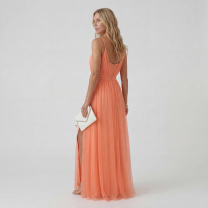 Robe Maxi Col V Femme – Taille Ajustée Jupe Fluide | Drapé Aérien Pêche