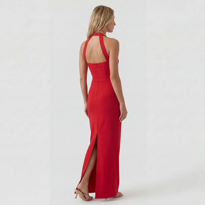 Robe Maxi Femme Col Halter en Maille Extensible – Coupe Bodycon Élégante