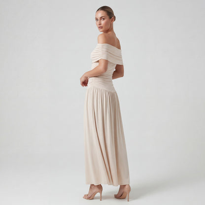 Claire Mode | Robe Longue Femme Plissée à Épaules Dénudées