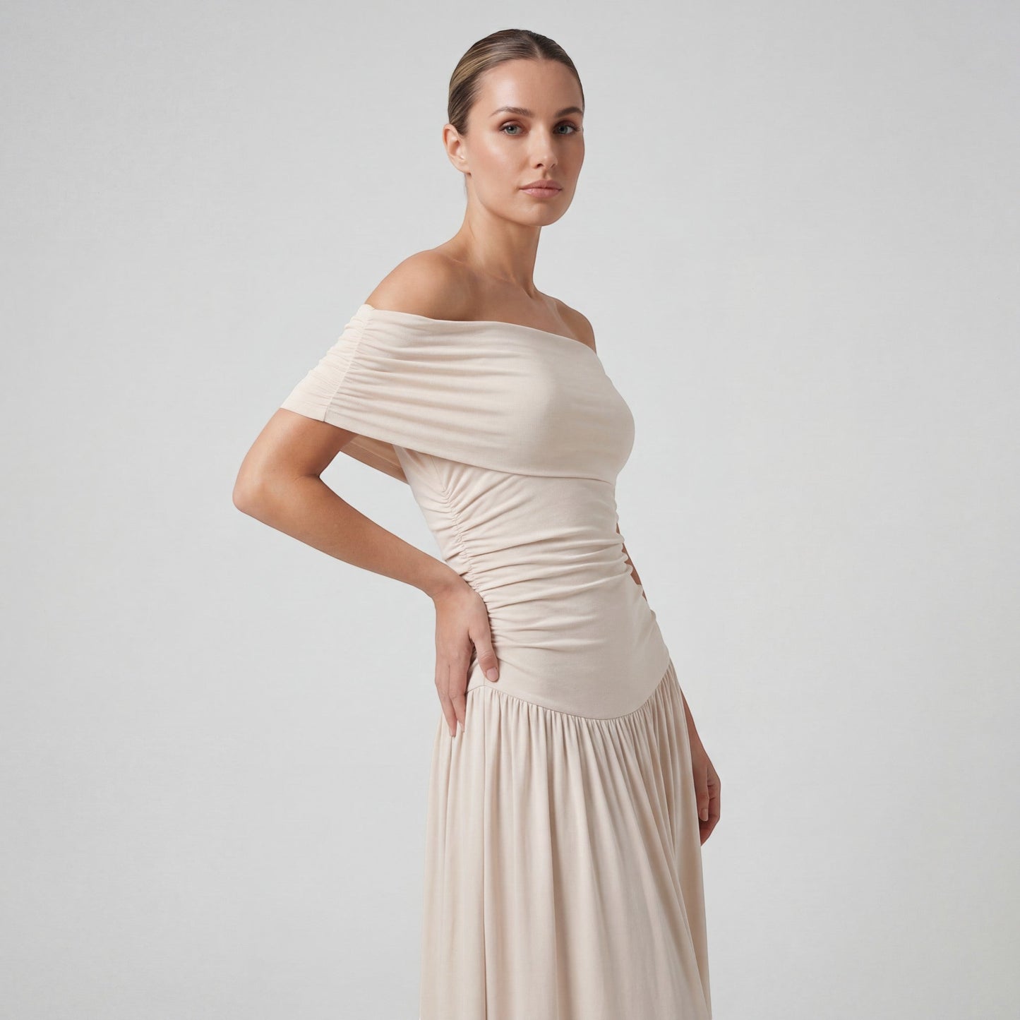 Claire Mode | Robe Longue Femme Plissée à Épaules Dénudées