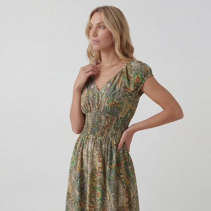 Robe Maxi Bohème Col V Femme – Coupe Décontractée Jupe Fluide | Tissu Tissé Léger