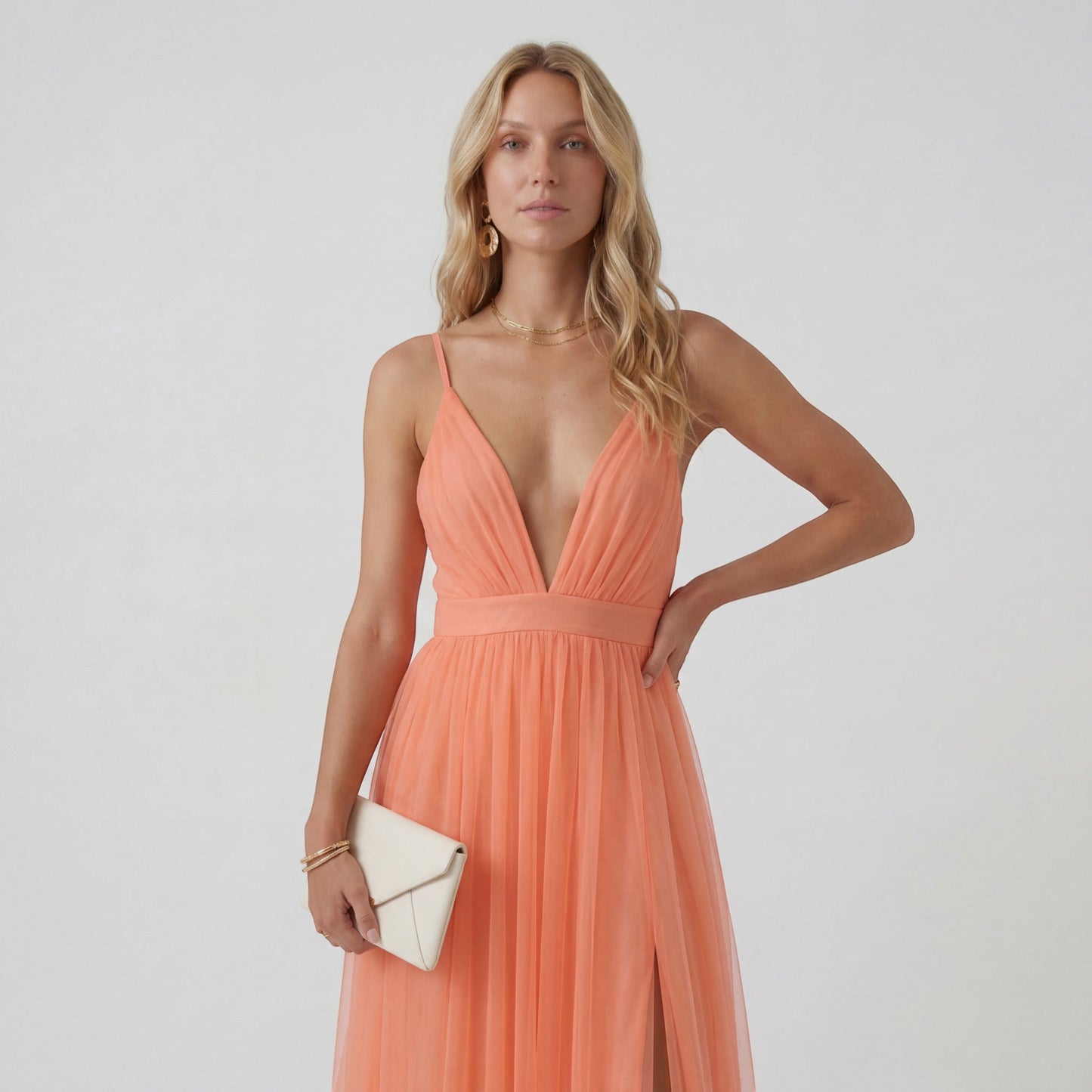 Robe Maxi Col V Femme – Taille Ajustée Jupe Fluide | Drapé Aérien Pêche