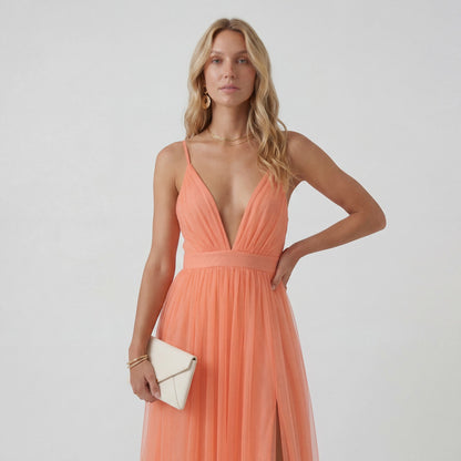 Robe Maxi Col V Femme – Taille Ajustée Jupe Fluide | Drapé Aérien Pêche