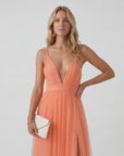 Robe Maxi Col V Femme – Taille Ajustée Jupe Fluide | Drapé Aérien Pêche