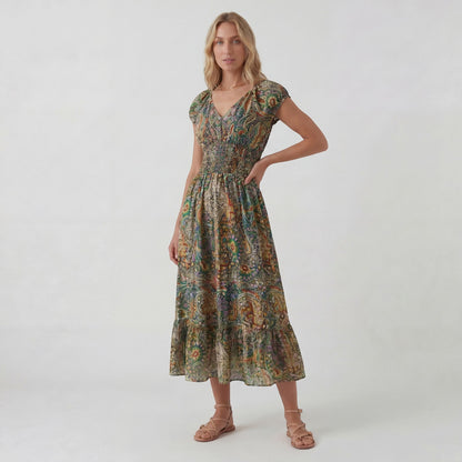 Robe Maxi Bohème Col V Femme – Coupe Décontractée Jupe Fluide | Tissu Tissé Léger