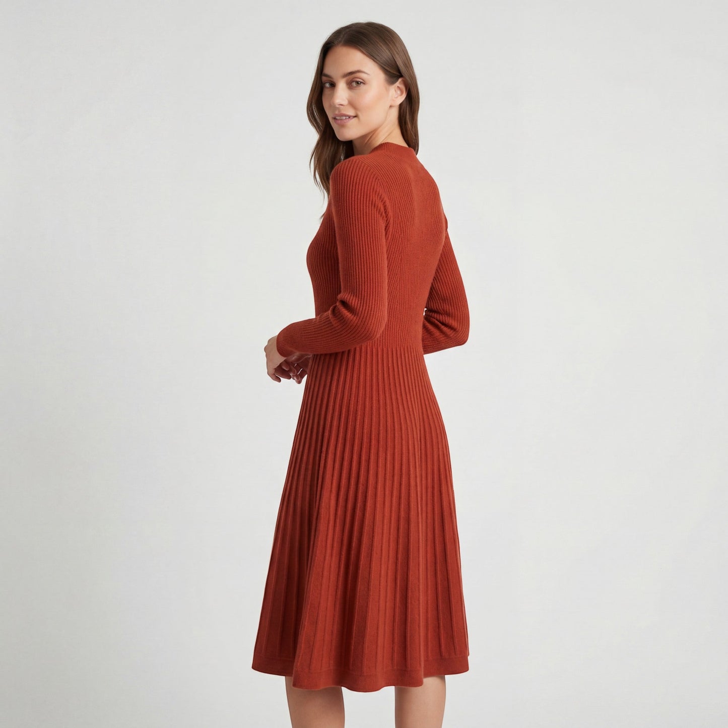 Robe midi femme en maille cachemire – Manches longues coupe décontractée