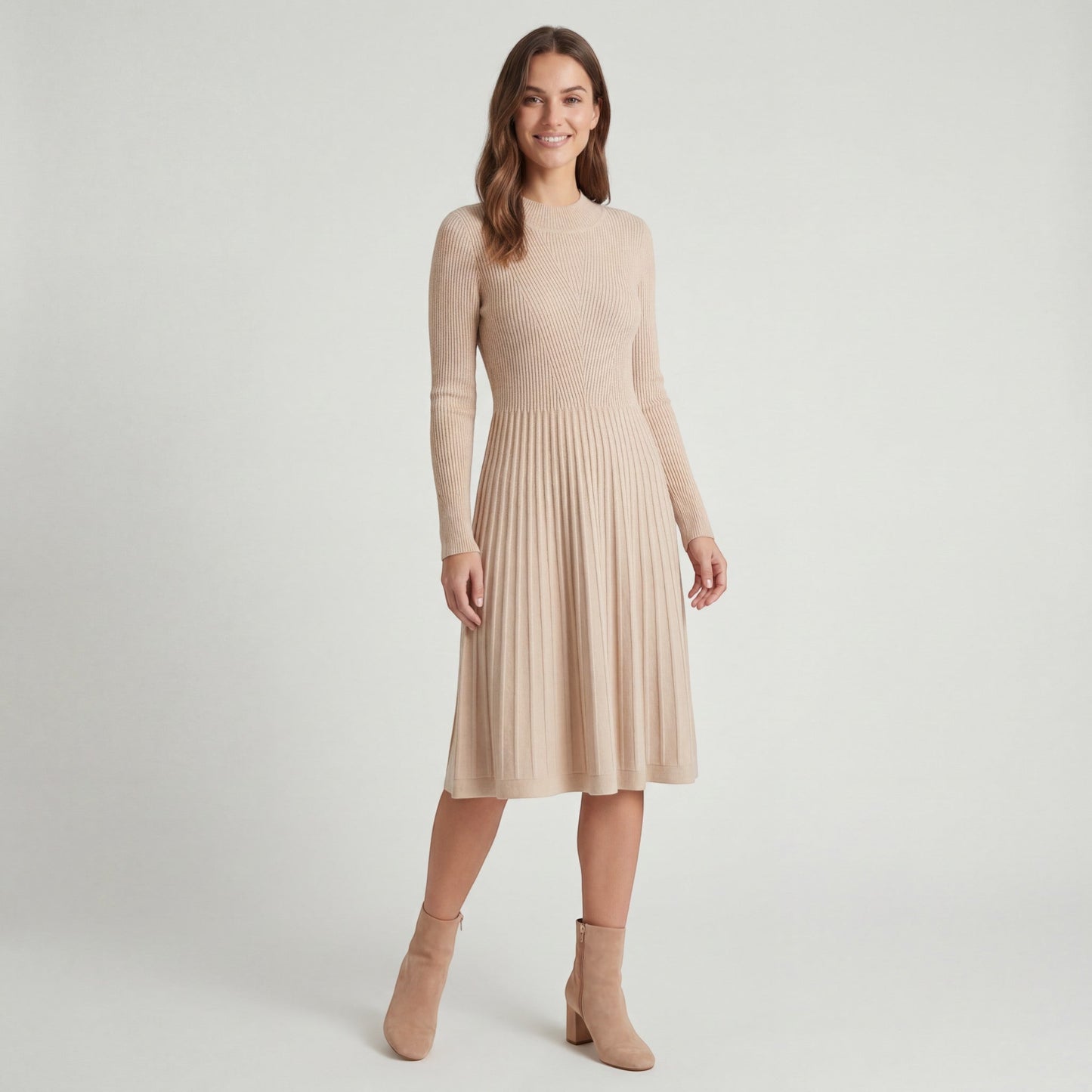 Robe midi femme en maille cachemire – Manches longues coupe décontractée