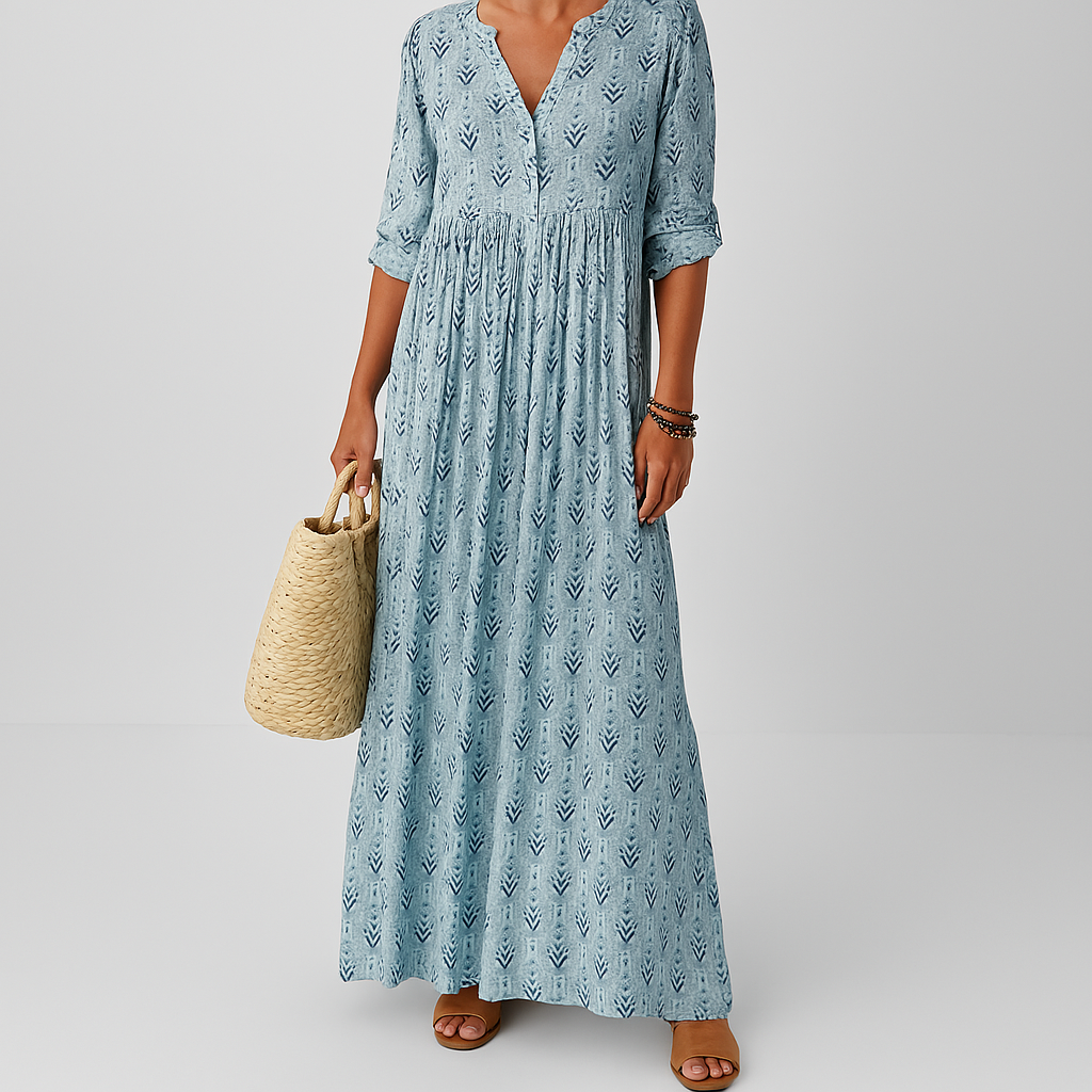 Robe Longue Femme Bohème Col V – Coupe Ample Manches Mi-Longues Légère