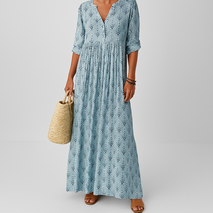 Robe Longue Femme Bohème Col V – Coupe Ample Manches Mi-Longues Légère