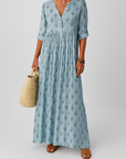 Robe Longue Femme Bohème Col V – Coupe Ample Manches Mi-Longues Légère