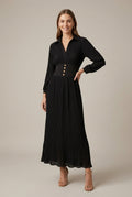Robe Longue Femme Plissée Col V – Manches Longues et Ceinture Boutonnée