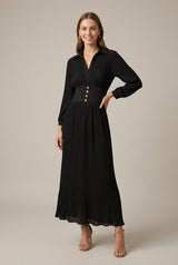Robe Longue Femme Plissée Col V – Manches Longues et Ceinture Boutonnée