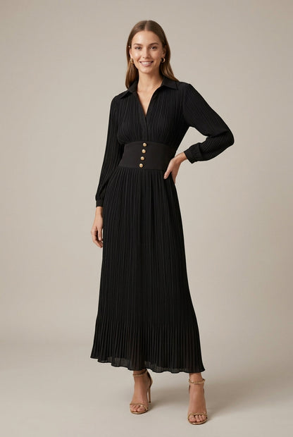 Robe Longue Femme Plissée Col V – Manches Longues et Ceinture Boutonnée