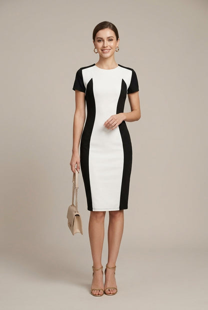 Robe Midi Femme en Coton – Col Rond Colour Block Moulante