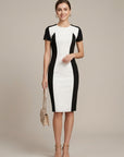Robe Midi Femme en Coton – Col Rond Colour Block Moulante
