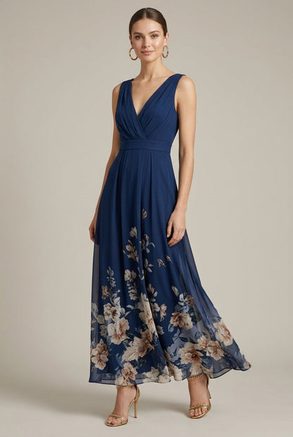 Robe Longue Femme Imprimé Floral – Col V Sans Manches