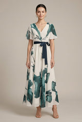 Robe Longue Femme Imprimé Abstrait – Col V Cache-Cœur Ceinturée