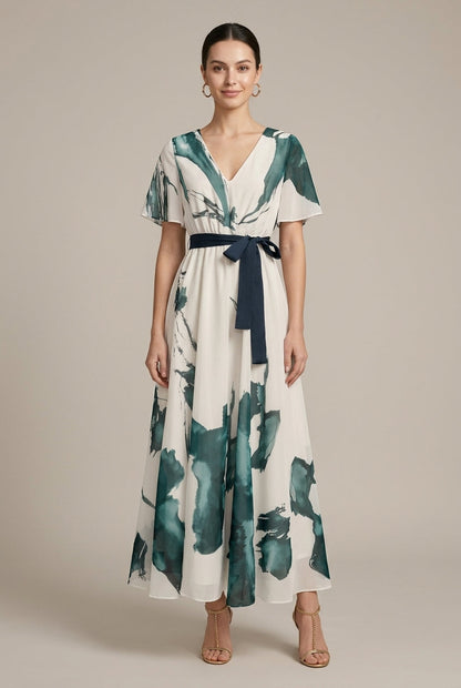 Robe Longue Femme Imprimé Abstrait – Col V Cache-Cœur Ceinturée