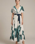 Robe Longue Femme Imprimé Abstrait – Col V Cache-Cœur Ceinturée