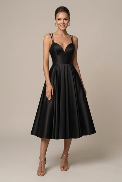 Robe Midi Femme Coupe A-Line – Col V Bretelles Doubles Jupe Évasée