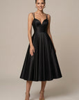 Robe Midi Femme Coupe A-Line – Col V Bretelles Doubles Jupe Évasée