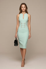 Robe Midi Femme Sans Manches – Col Porte-Clés et Boutonnage Croisé