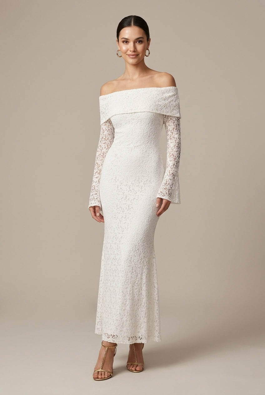 Robe Longue Femme Épaules Dénudées – Sirène Dentelle Contrastée Manches Évasées