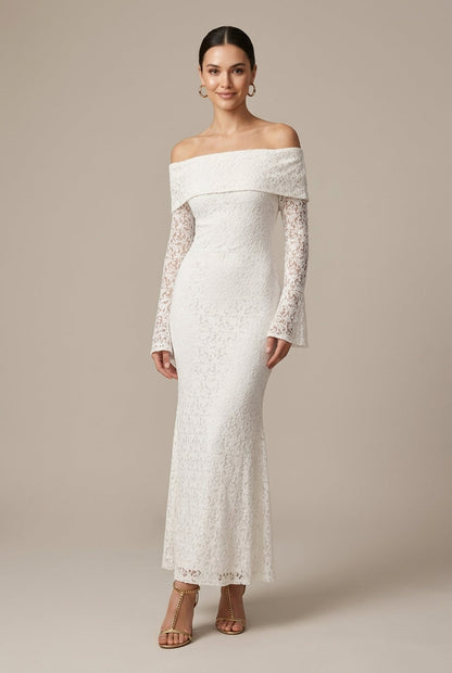 Robe Longue Femme Épaules Dénudées – Sirène Dentelle Contrastée Manches Évasées