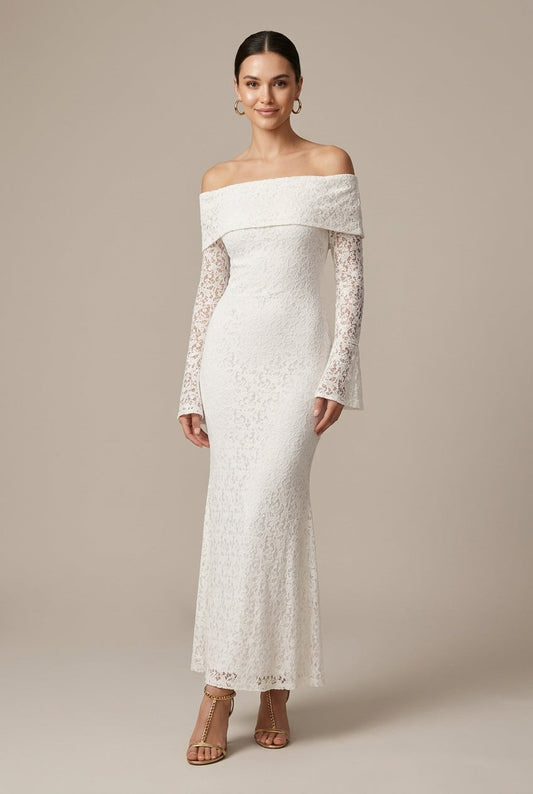 Robe Longue Femme Épaules Dénudées – Sirène Dentelle Contrastée Manches Évasées