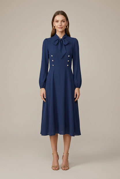 Robe Midi Femme Coupe A – Boutons Croisés Décoratifs et Col Nœud Manches Longues